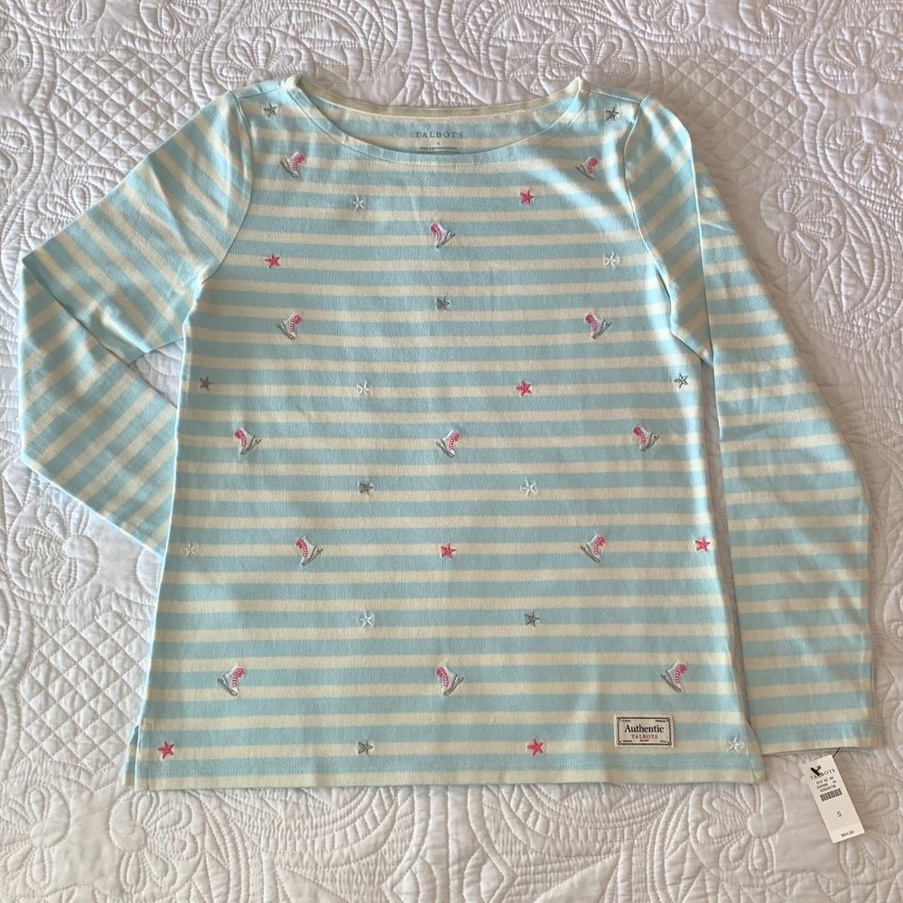 TALBOTS Long Sleeve Ice Skate Embroidered, BLUE ICE/IVORY, Medium - Picture 2 of 7